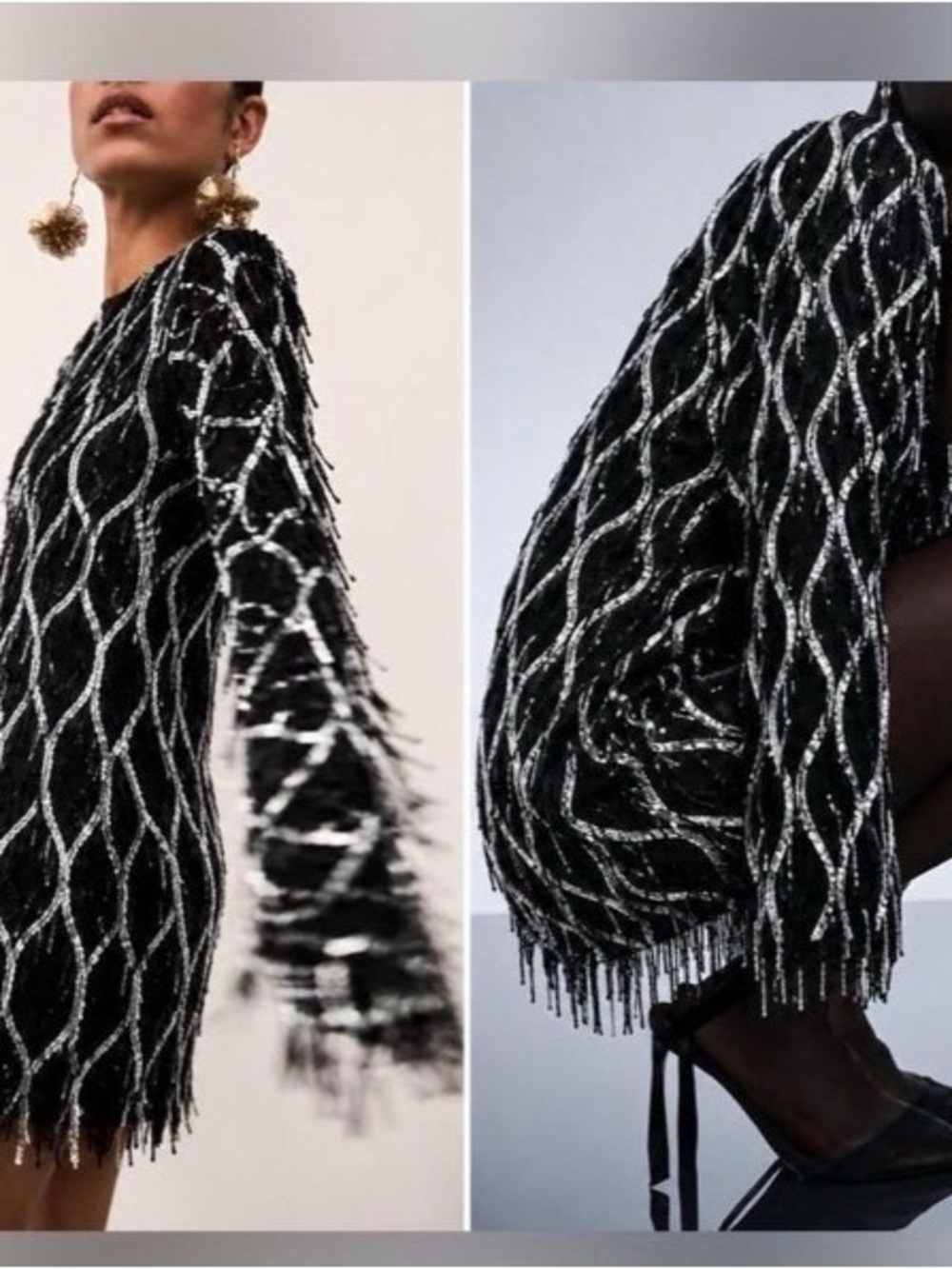 Zara Black Metallic Sequin Fringe  Dress